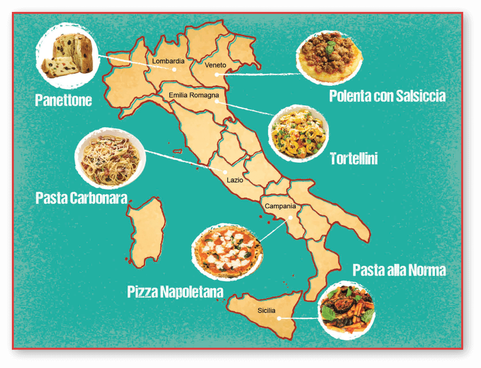 Cartina dell'Italia con i piatti tipici